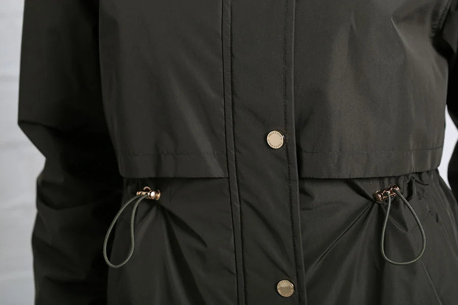 Rant & Rave Relax & Renew Becca jacket in khaki, front fastening and drawstring waist detail.