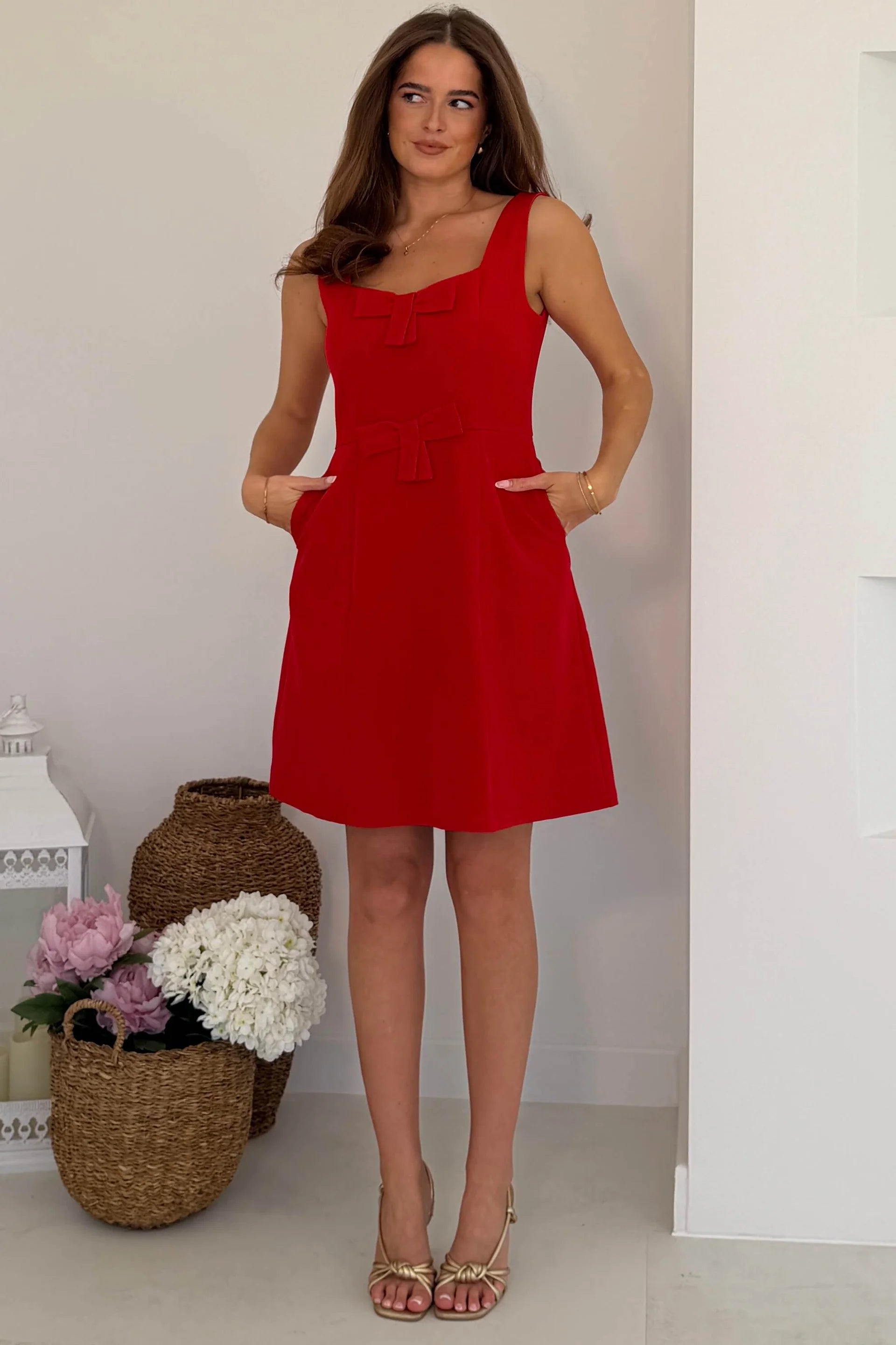 Girl In Mind Nola bow mini dress in red, full - length front model view