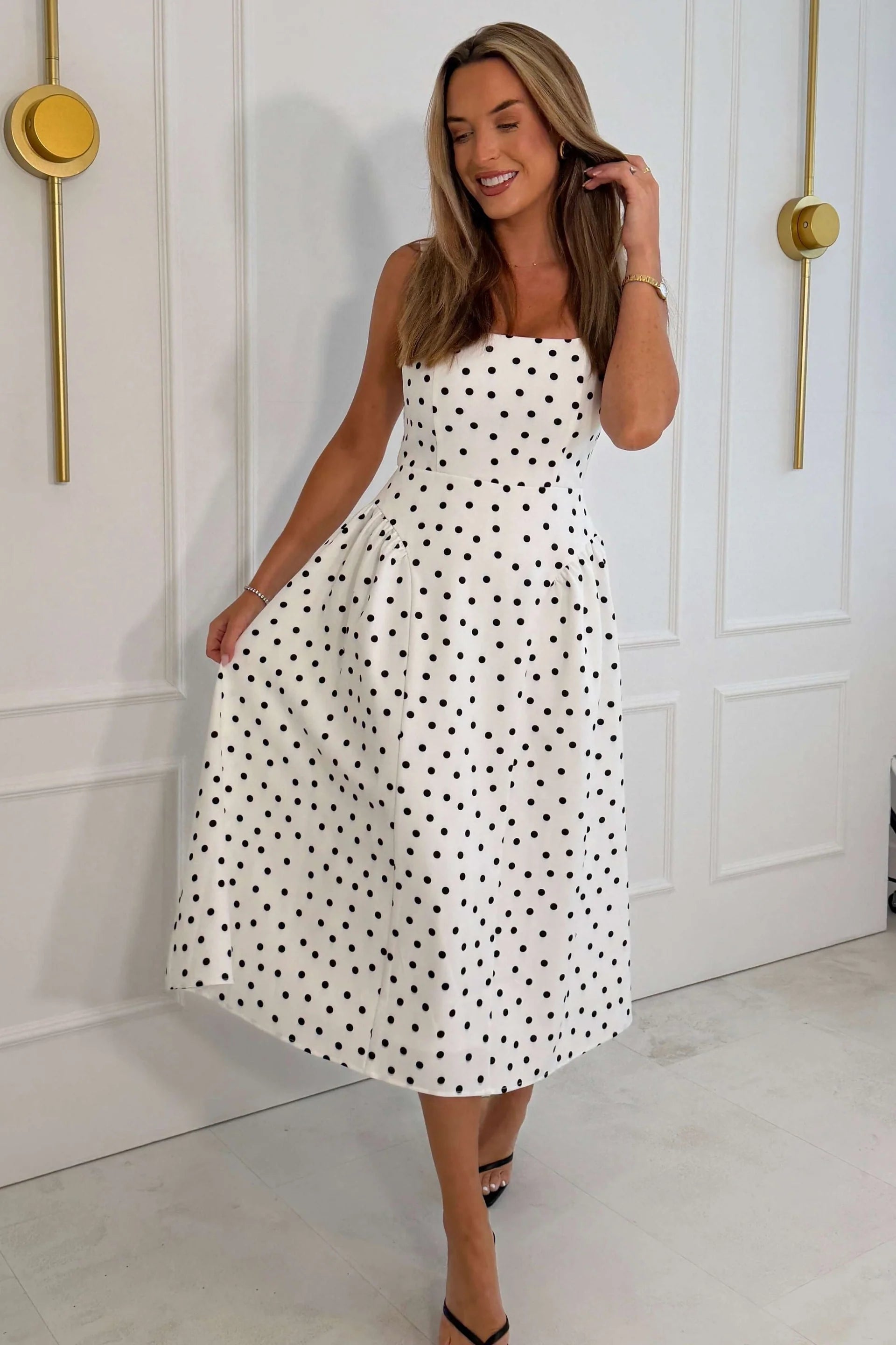 Girl In Mind Sharne polka square neck midi dress in polka, front model view
