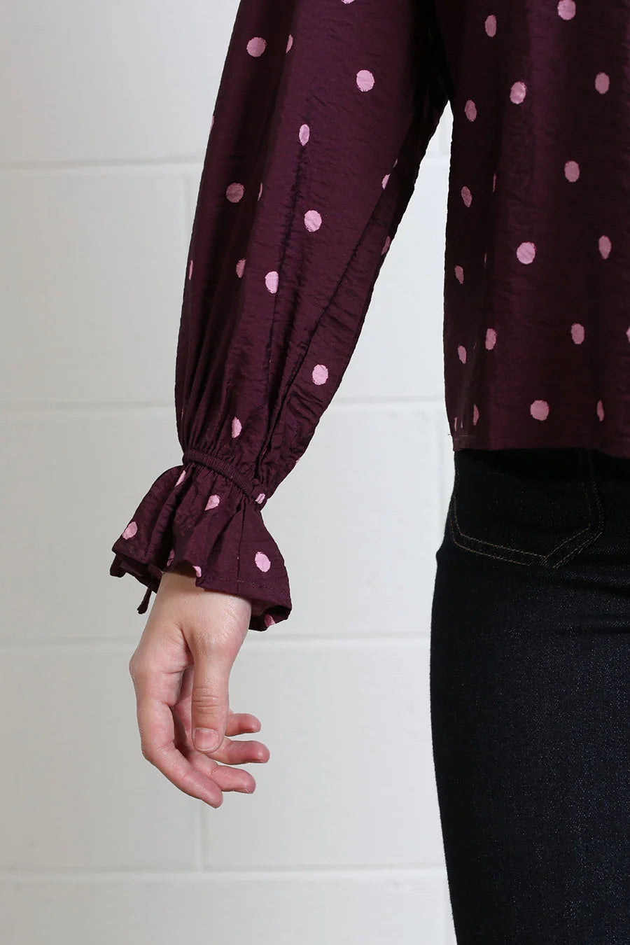 Rant & Rave Sophia top in burgundy dot, sleeve cuff detail