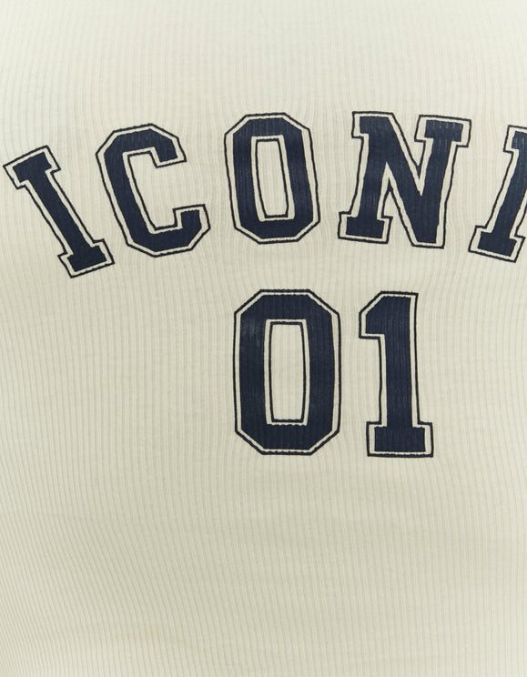 Detail view of the Iconic 01 print on the Tally Weijl yellow tank top