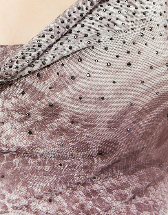 Detail view of Tally Weijl multi animal print top with mesh fabric and black embellishments