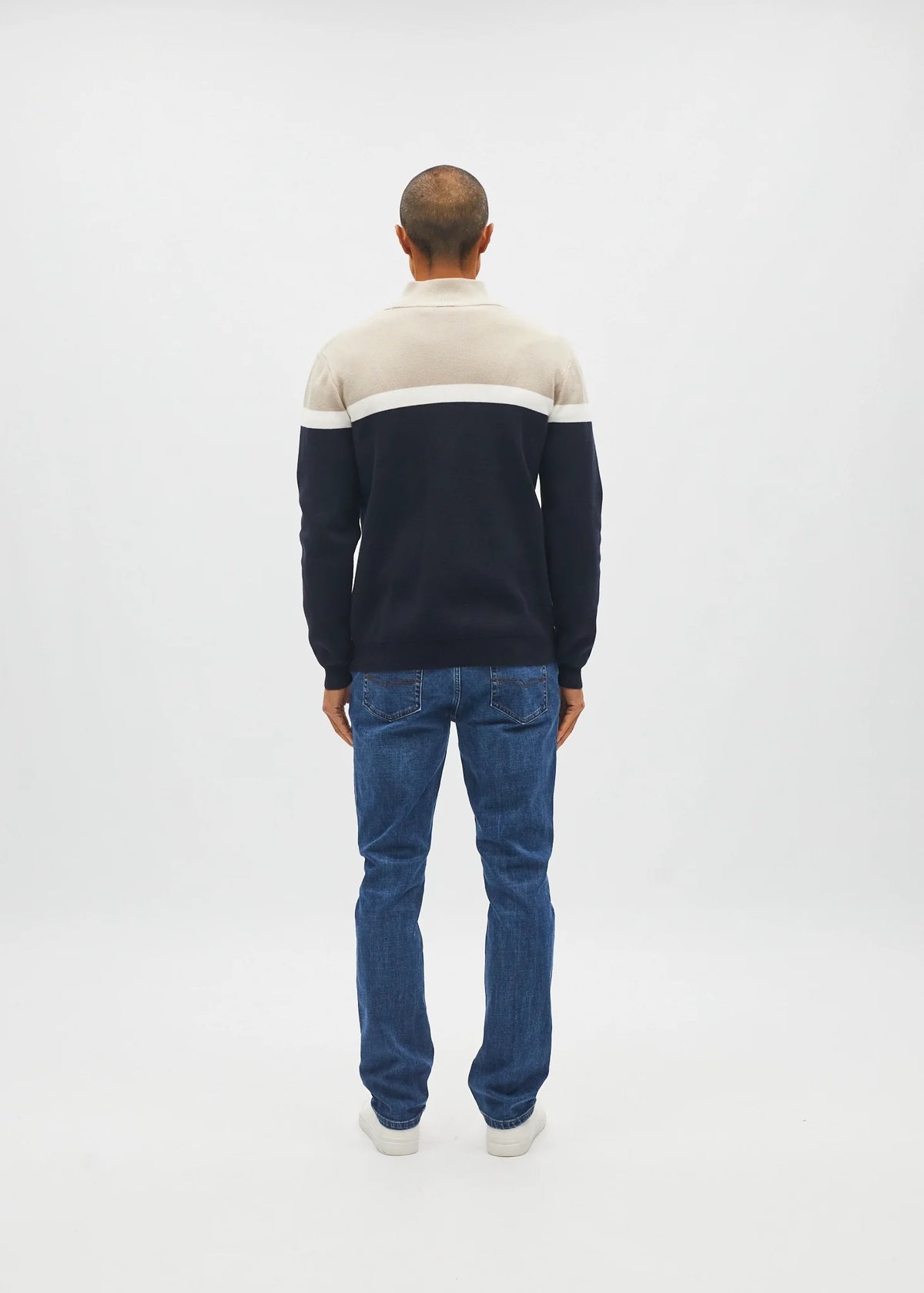 Diesel Tully Half Zip Sandshore sweater in sand, back view with white stripe and navy body.
