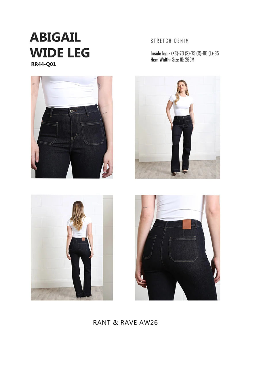 Rant & Rave Abigail wide leg jean size and feature guide in Raw Wash.