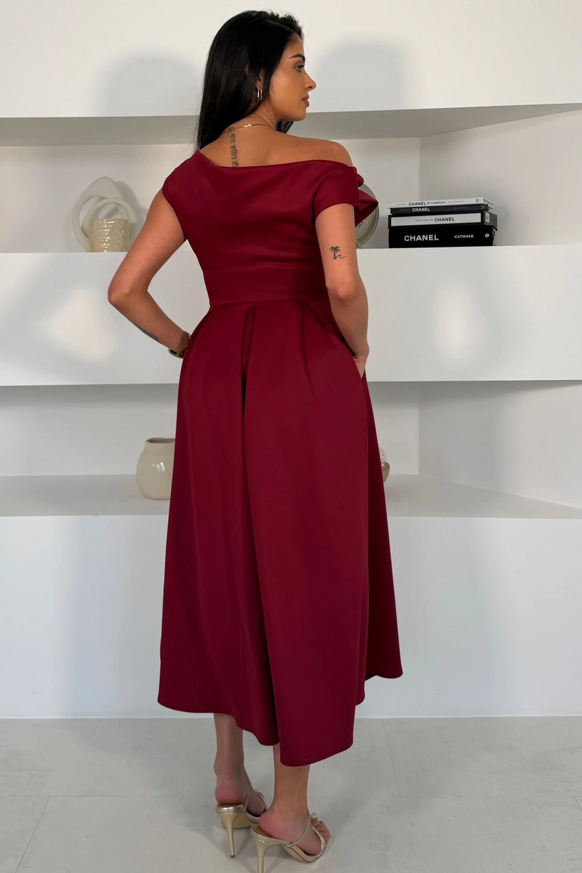 Girl In Mind Betty asymmetric neckline skater midi dress in wine, back view showing off - shoulder back and flowing midi skirt