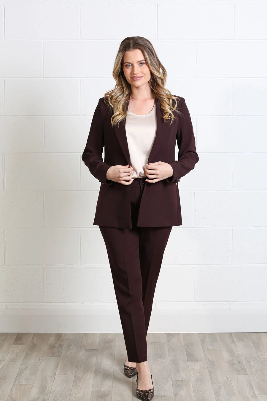 Rant & Rave Valerie Slim Trouser in aubergine, front view worn with matching tailored blazer