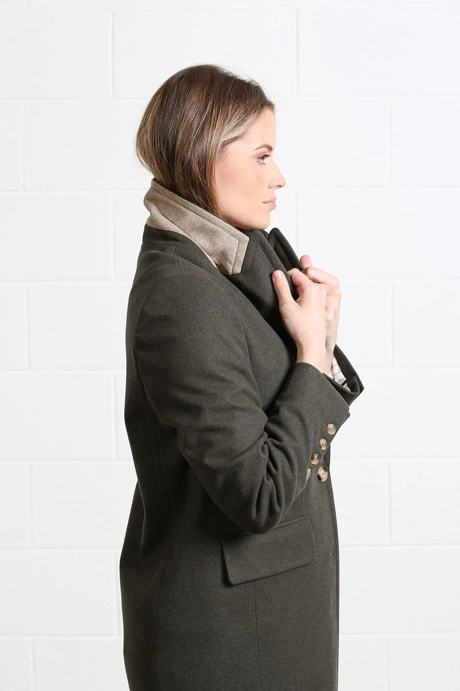 Rant & Rave Olivia Coat deep moss side model view showing contrast collar and cuff button detail