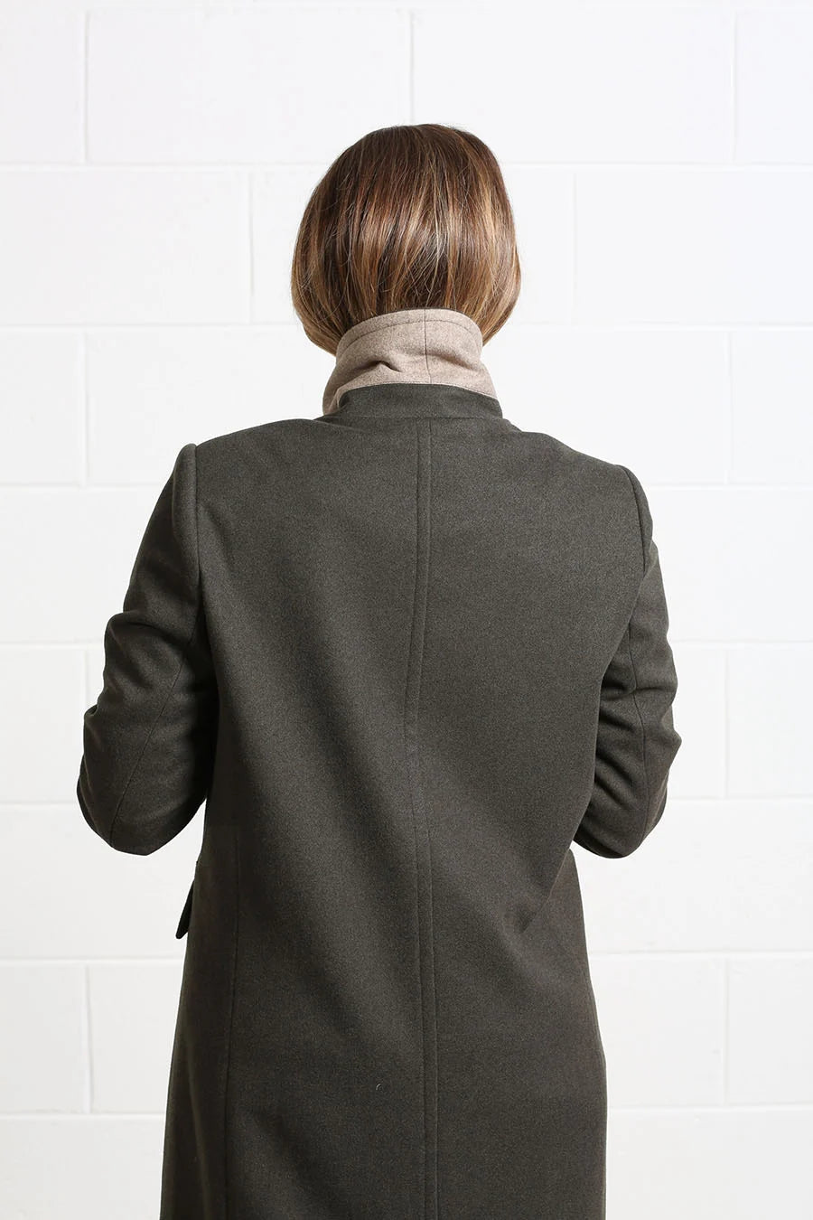 Rant & Rave Olivia Coat deep moss back view detail showing centre back seam and contrast collar