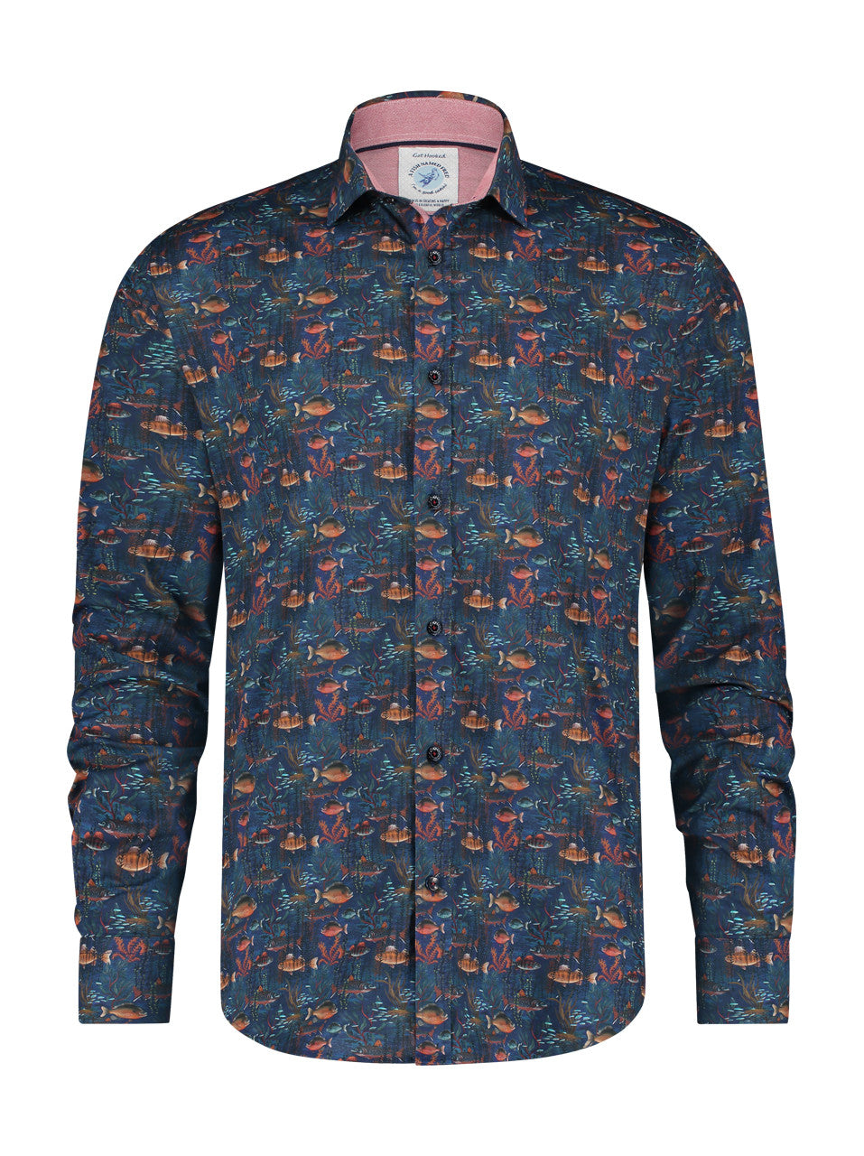 A Fish Named Fred Long Sleeve Shirt With Fish/Coral Pattern Night Sky Blue model front view