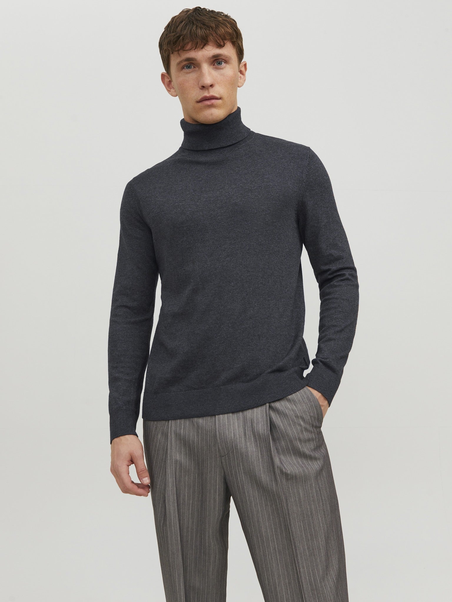 JACK & JONES Emil Knit Roll Neck Jumper in Dark Grey back model view