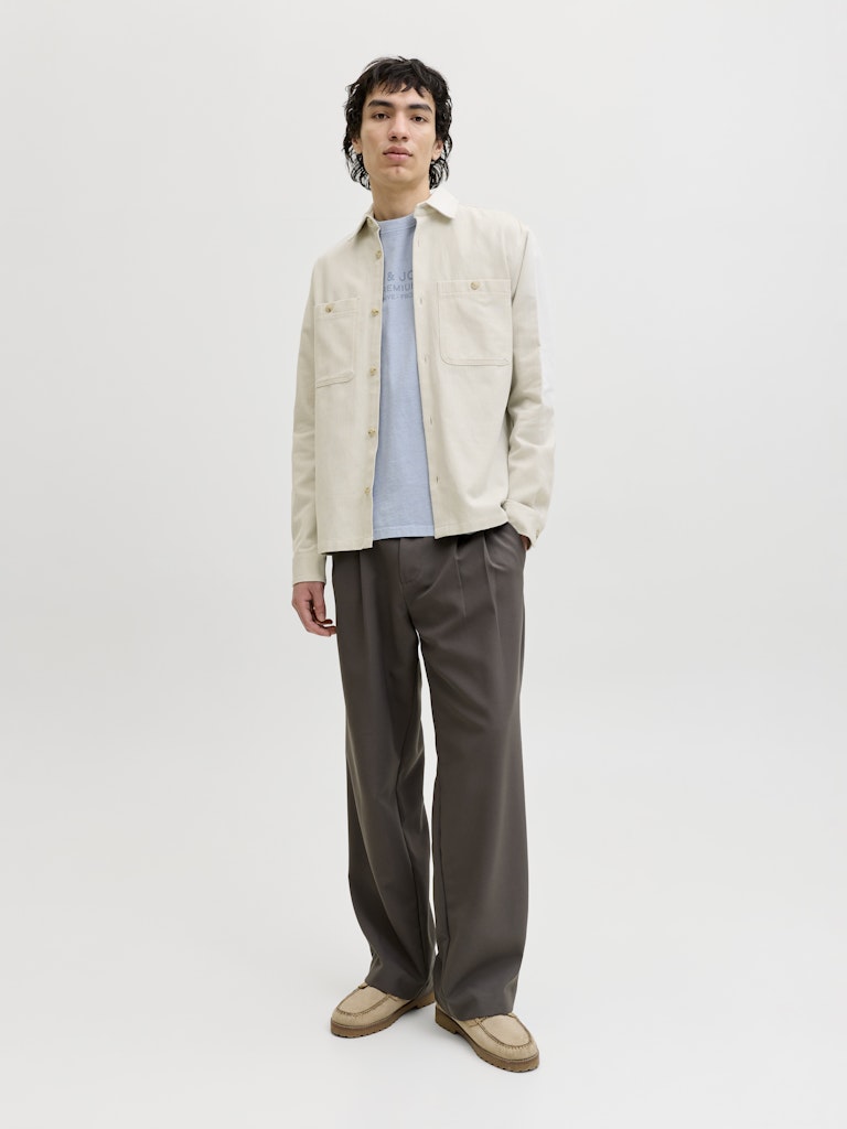 JACK JONES PREMIUM Rayle Linen Solid Long Sleeve Shirt-Moonstruck Moonstruck model front view