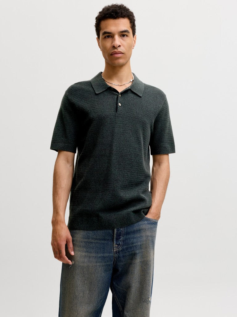 JACK & JONES Riley Knit Short Sleeve Polo in Scarab twist front model view
