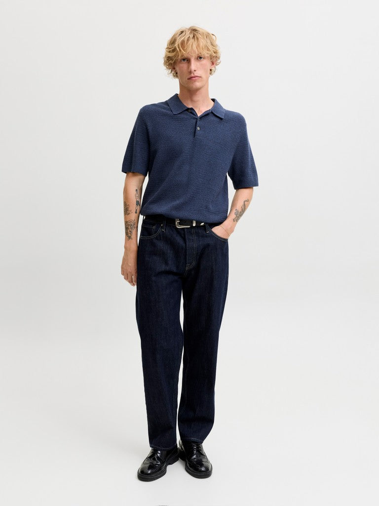 JACK & JONES Riley Knit Short Sleeve Polo in Insignia Blue twist full length model view