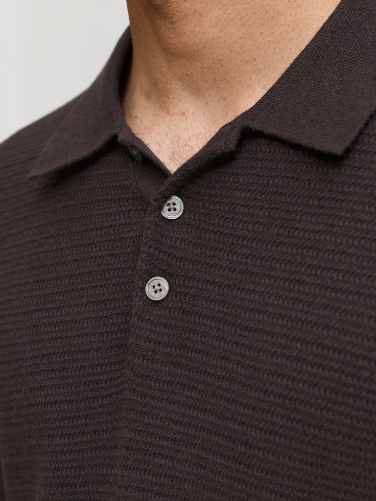 JACK & JONES Riley Knit Short Sleeve Polo in Ganache twist collar and button placket detail
