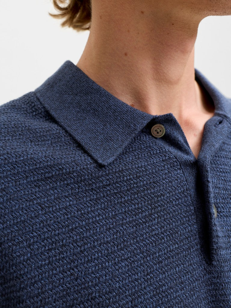 JACK & JONES Riley Knit Short Sleeve Polo in Insignia Blue twist collar and knit texture detail