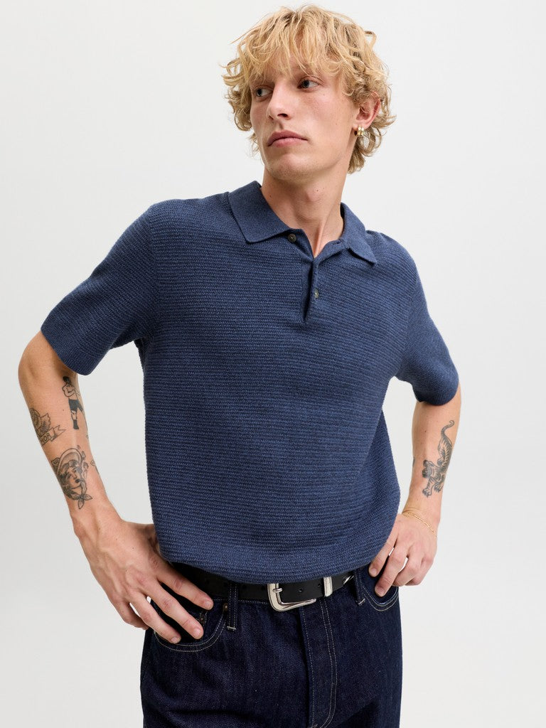 JACK & JONES Riley Knit Short Sleeve Polo in Insignia Blue twist angled model view