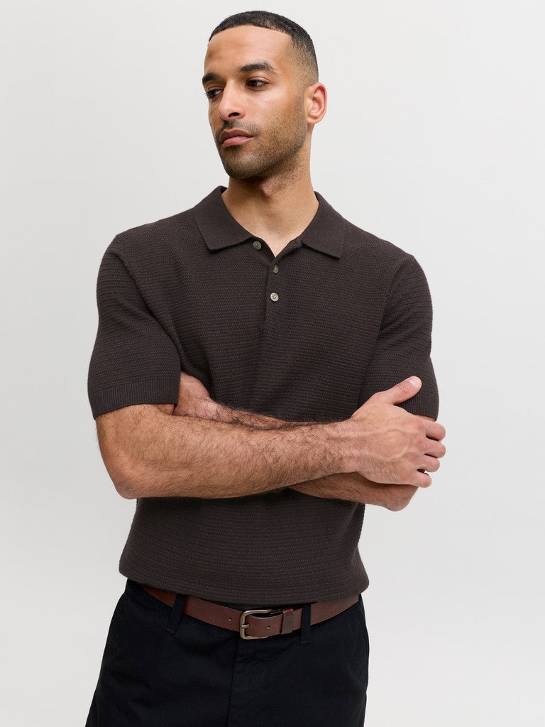 JACK & JONES Riley Knit Short Sleeve Polo in Ganache twist angled model view