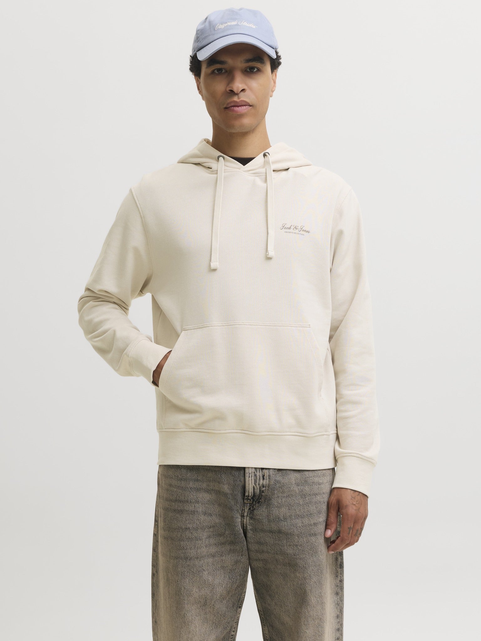 JACK & JONES Archive Graphic Sweat Hoodie in Moonbeam front model view