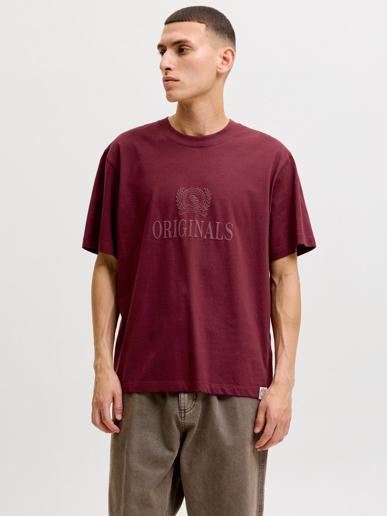 JACK & JONES Frederiksberg Monogram Crew Neck Tee in Chocolate truffle angled model view