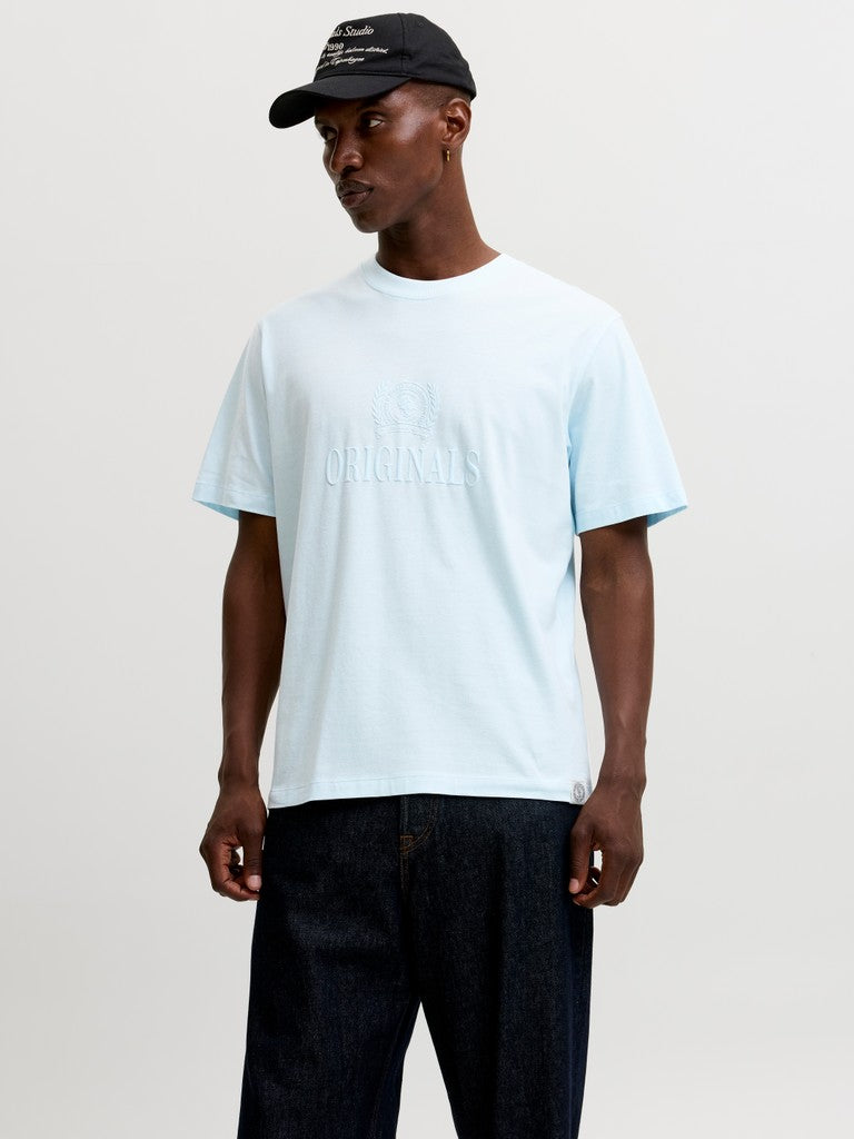 JACK & JONES Frederiksberg Monogram Crew Neck Tee in Ice Water angled model view