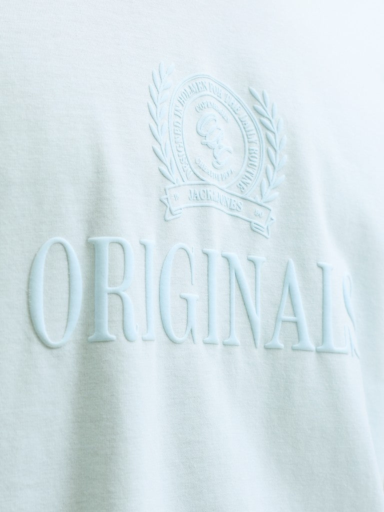 JACK & JONES Frederiksberg Monogram Crew Neck Tee in Ice Water embossed logo detail