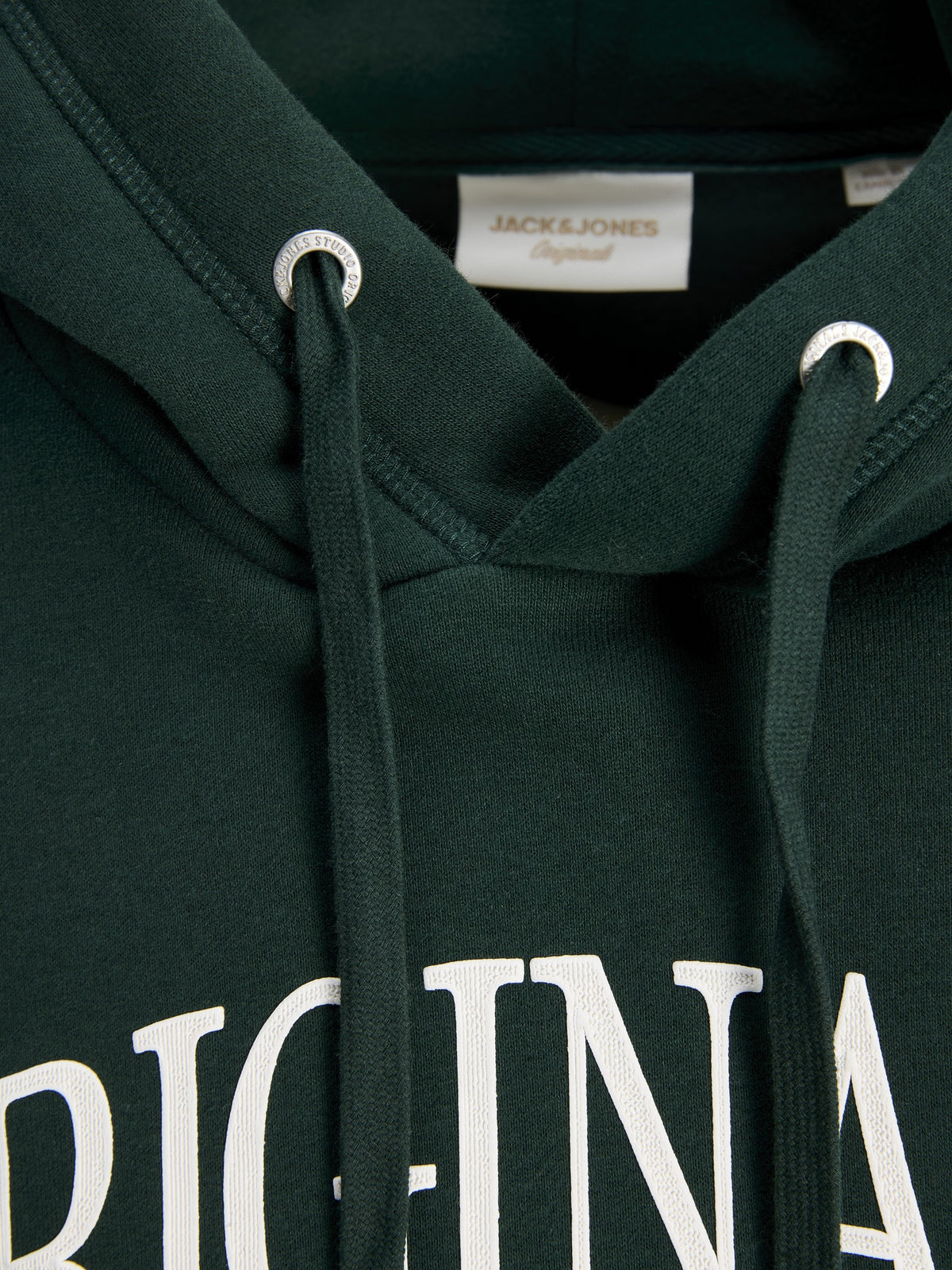 Drawstring hood detail on JACK & JONES Frederiksberg Bold Branding Hoodie in Pine Grove