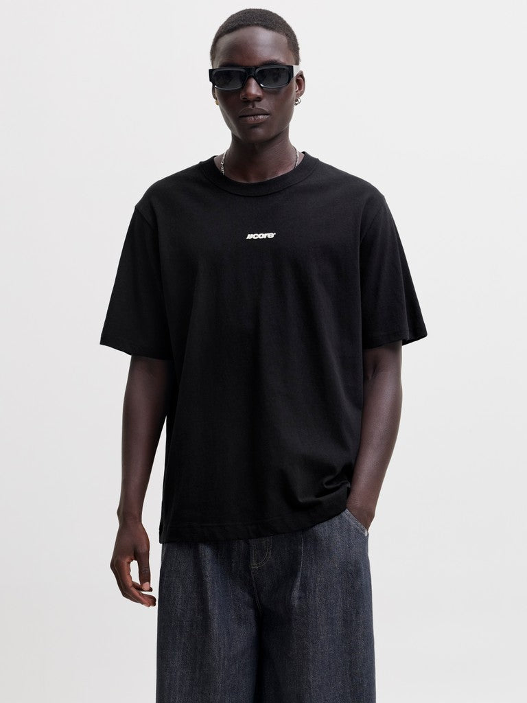 JACK & JONES Club Back Script Crew Neck Tee in Black front model view