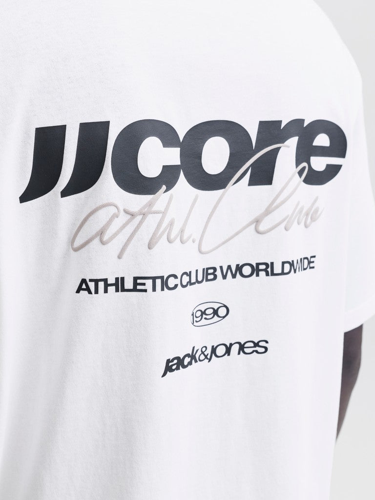 JACK & JONES Club Back Script Crew Neck Tee in Bright White logo print detail