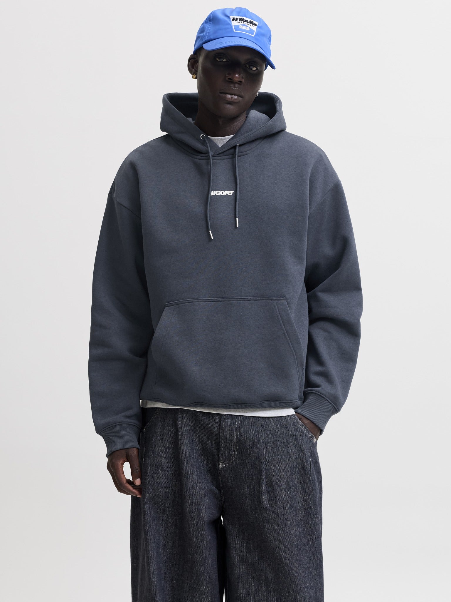 JACK & JONES Club Back Script Print Sweat Hoodie in Outer Space front model view