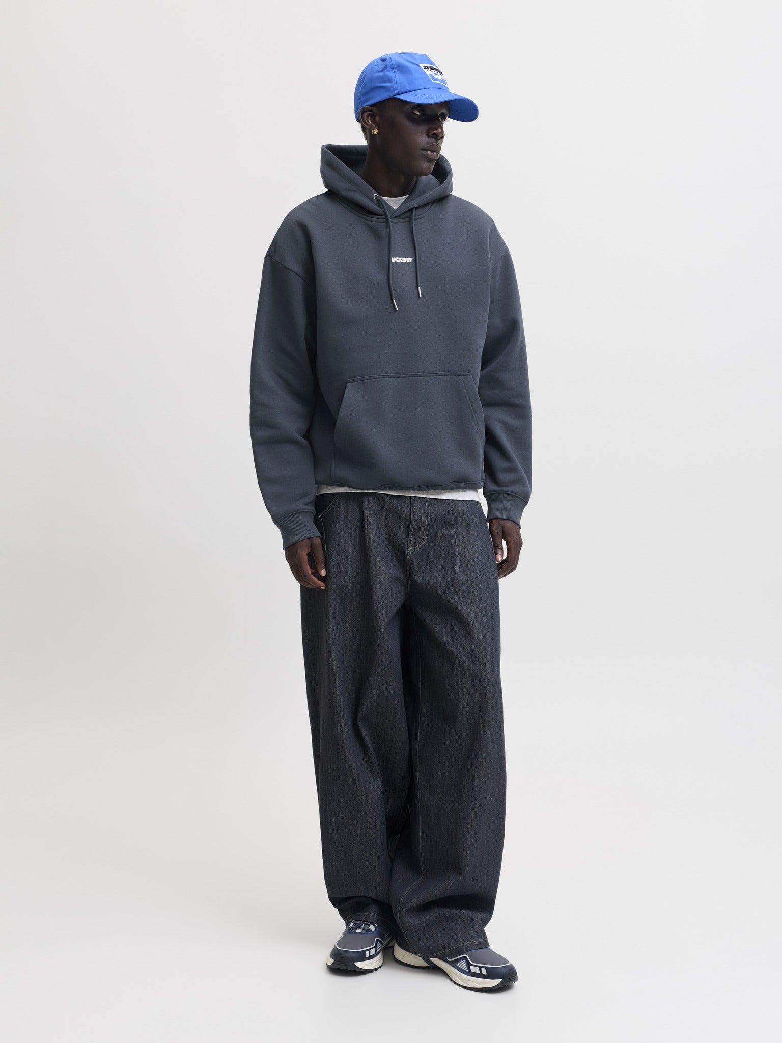 JACK & JONES Club Back Script Print Sweat Hoodie in Outer Space full length model view
