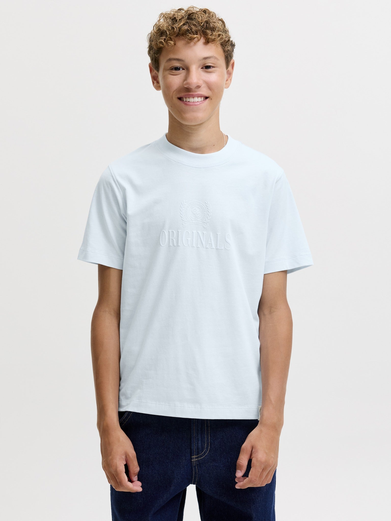 Jack Jones Youths Frederiksberg Monogram Crew Neck Tee Junior in Ice Water front model view