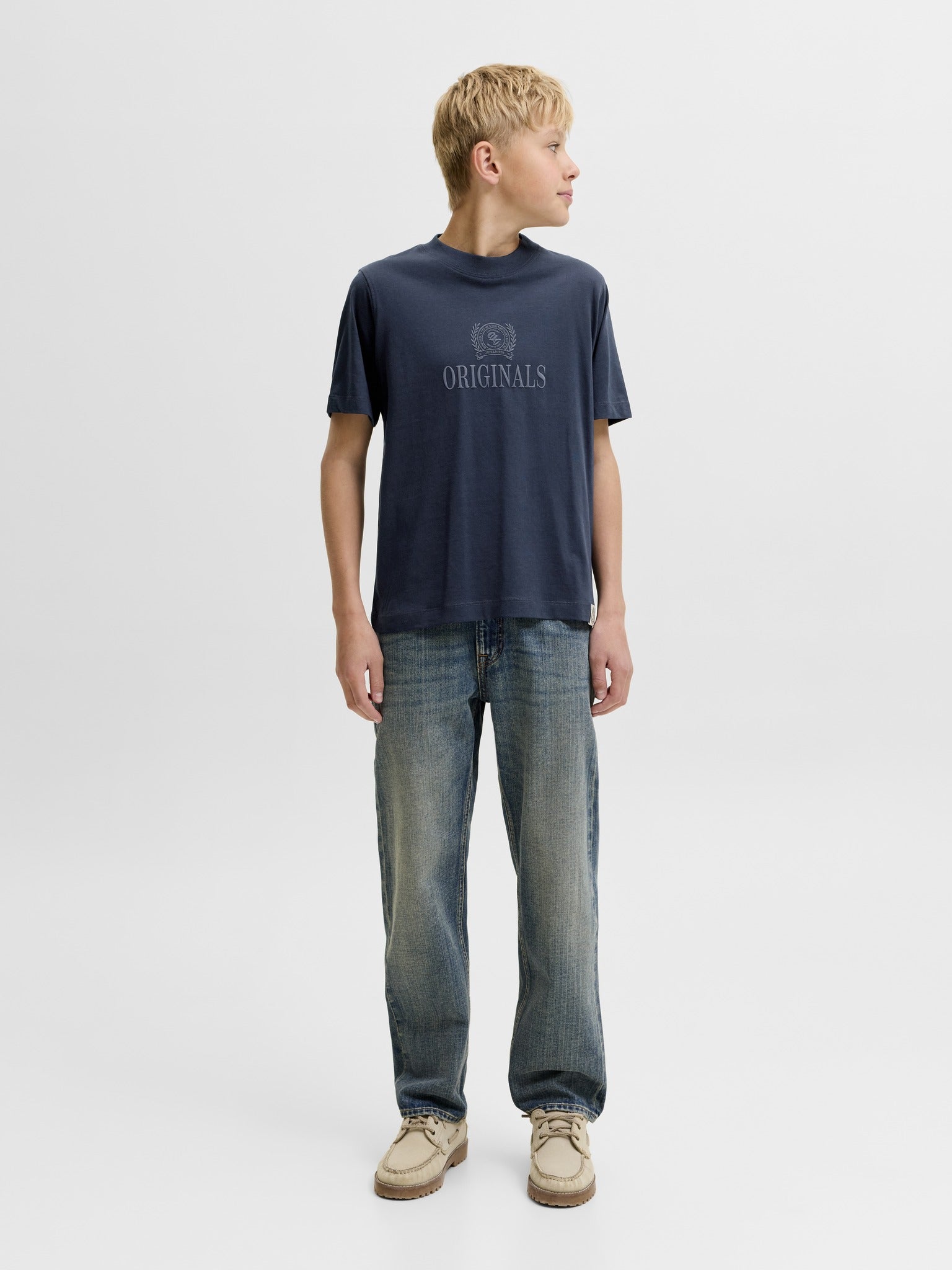 Jack Jones Youths Frederiksberg Monogram Crew Neck Tee Junior in Sky Captain angled model view