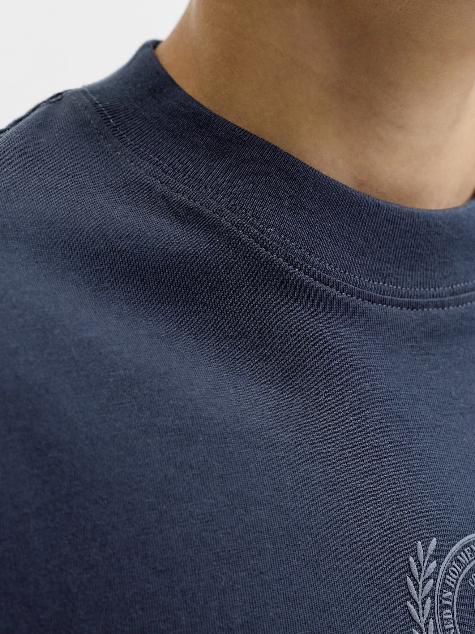 Jack Jones Youths Frederiksberg Monogram Crew Neck Tee Junior in Sky Captain crew neck detail