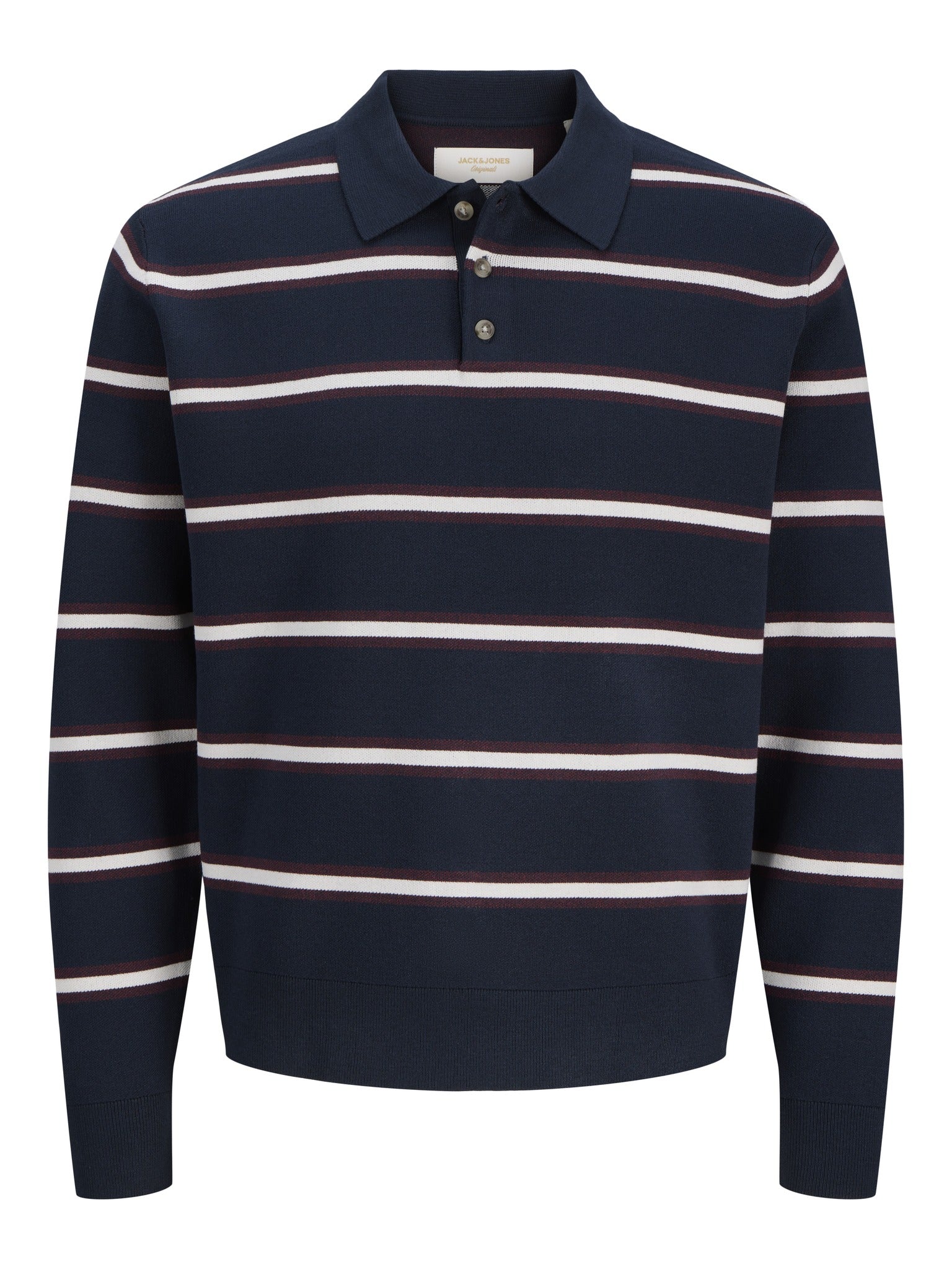 Jack Jones Junior Atocha Knit Stripe Polo Junior in Sky Captain Sea Salt / Chocolate Truffle front view
