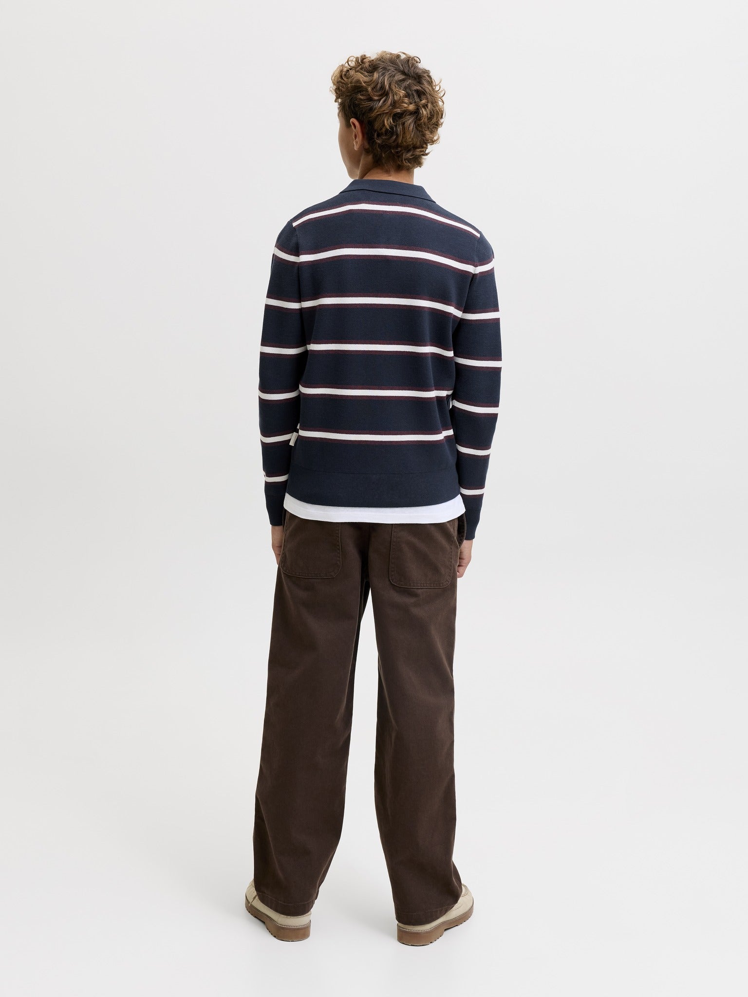 Jack Jones Junior Atocha Knit Stripe Polo Junior in Sky Captain Sea Salt / Chocolate Truffle back view on model