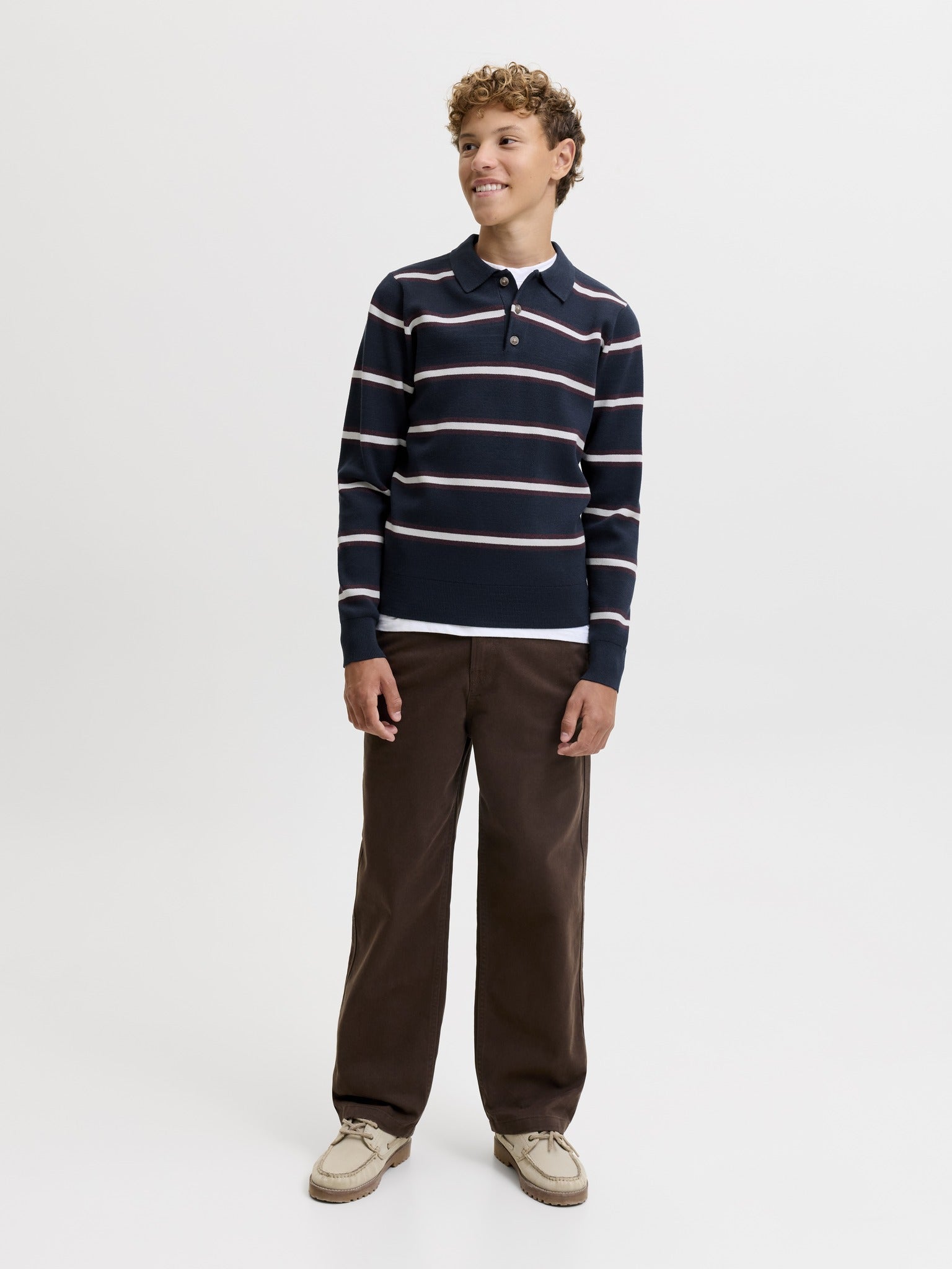 Jack Jones Junior Atocha Knit Stripe Polo Junior in Sky Captain Sea Salt / Chocolate Truffle full length view