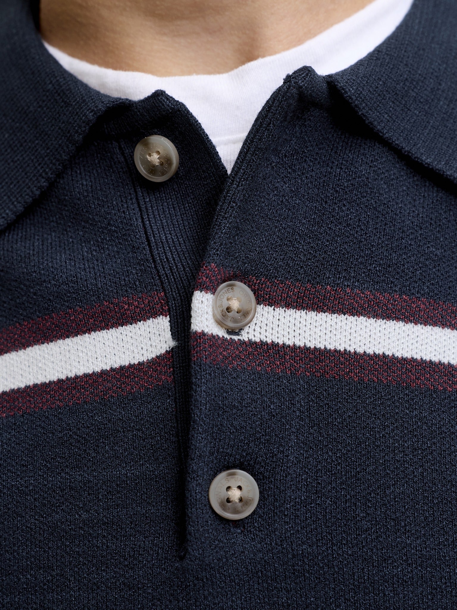 Jack Jones Junior Atocha Knit Stripe Polo Junior in Sky Captain Sea Salt / Chocolate Truffle button placket detail