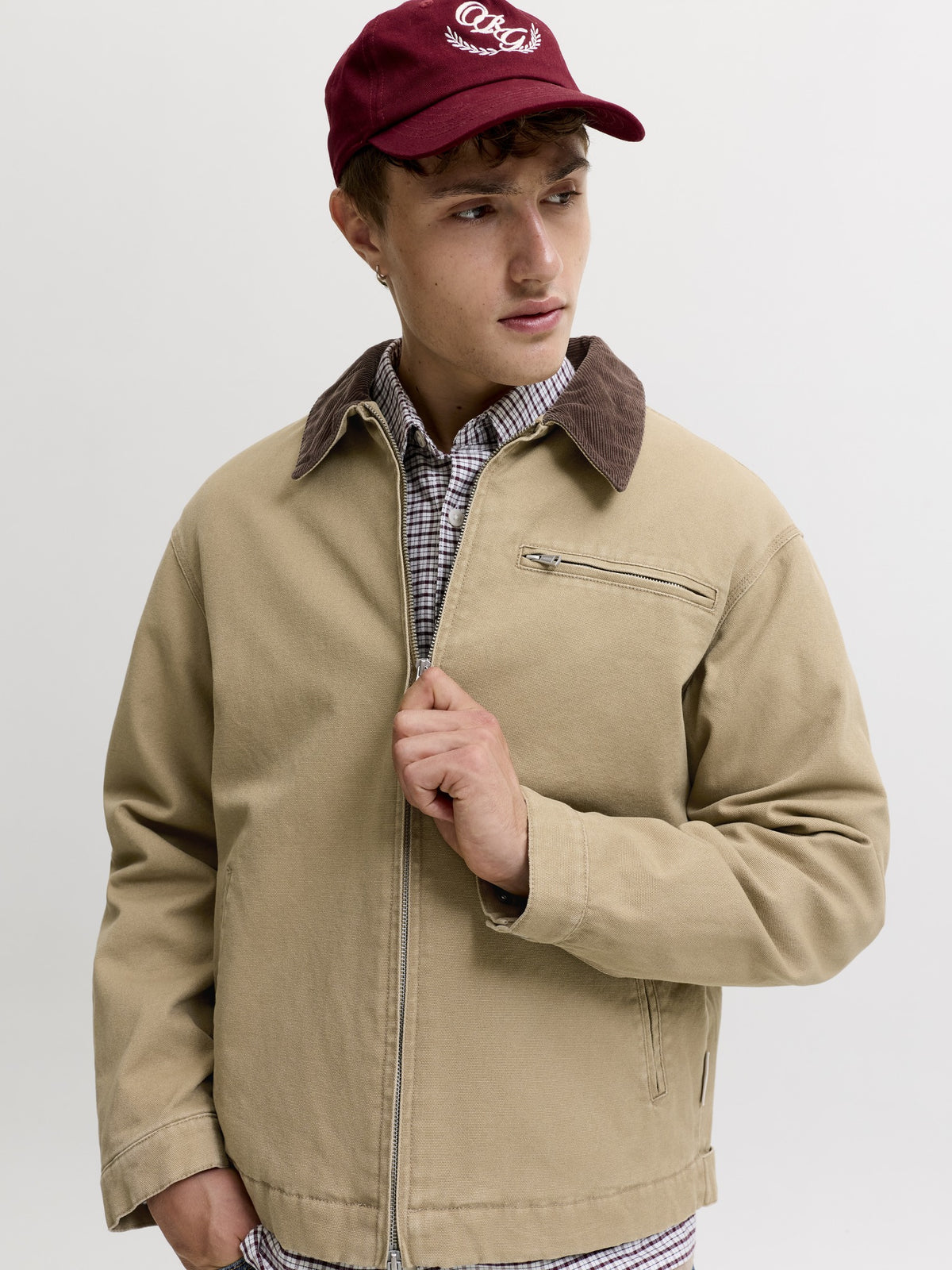 JACK & JONES Chamberi Worker Jacket in Kelp on model angled view
