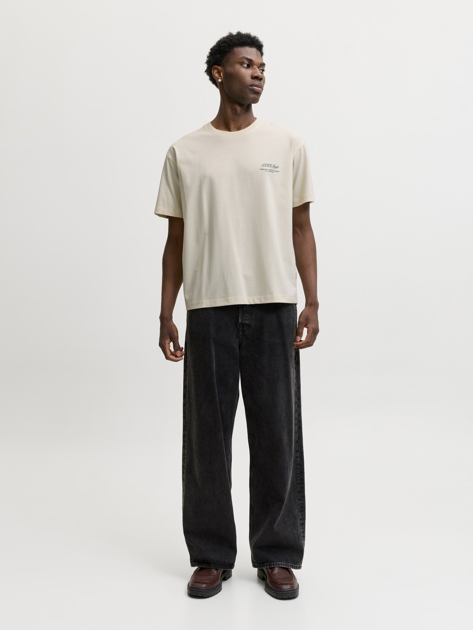 JACK & JONES Salamanco Photo Back Crew Neck Tee in Antique White full length model view