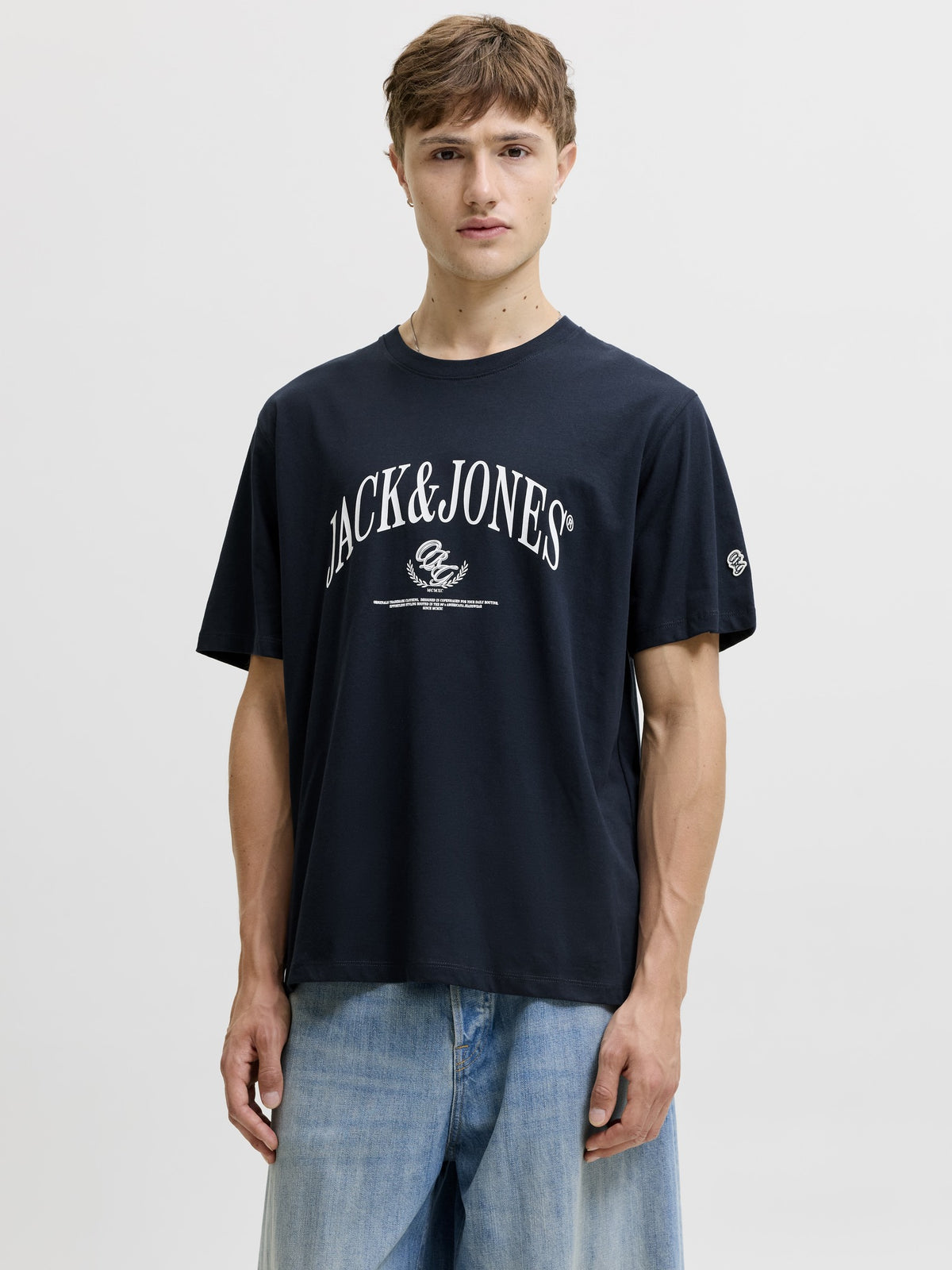 JACK & JONES Frederiksberg Bold Branding Crew Neck Tee in Sky Captain on model