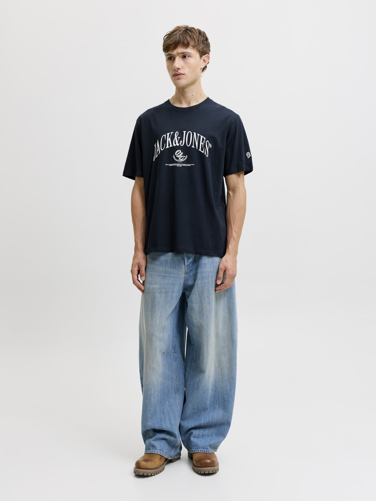 JACK & JONES Frederiksberg Bold Branding Crew Neck Tee in Sky Captain full length view