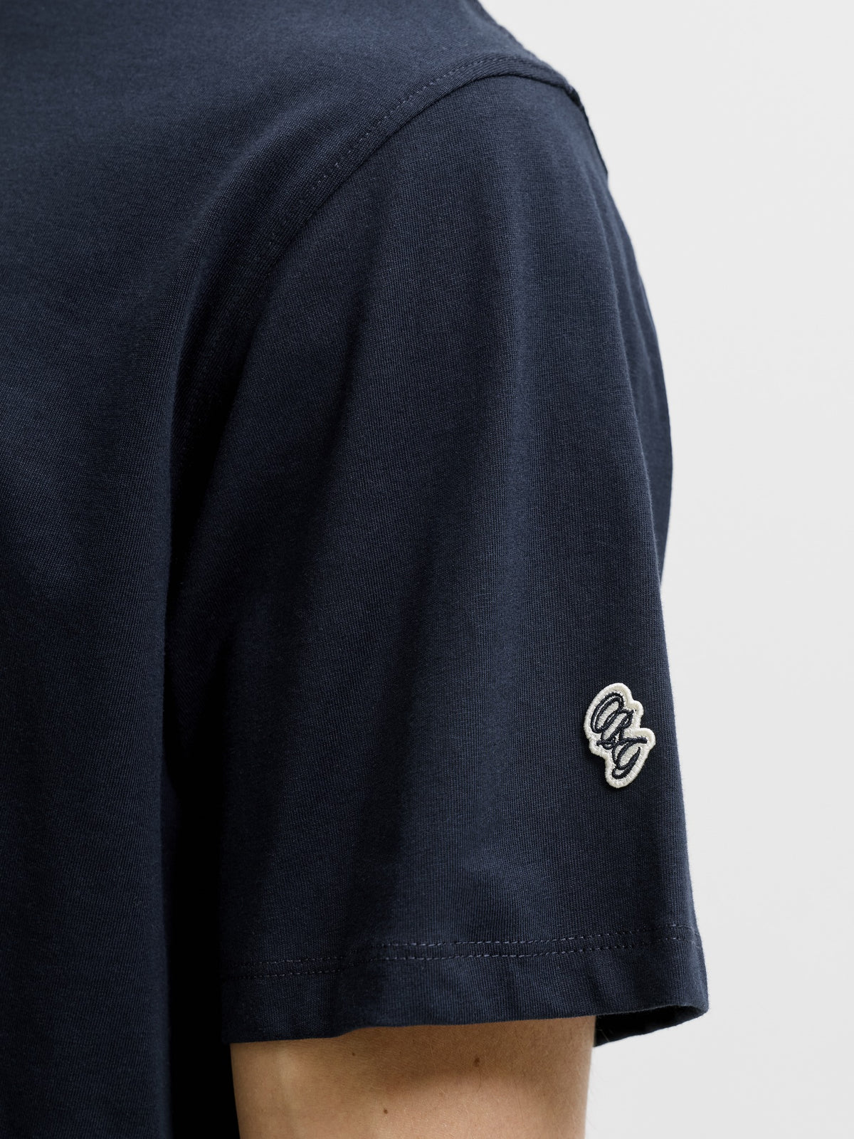 JACK & JONES Frederiksberg Bold Branding Crew Neck Tee in Sky Captain sleeve logo detail