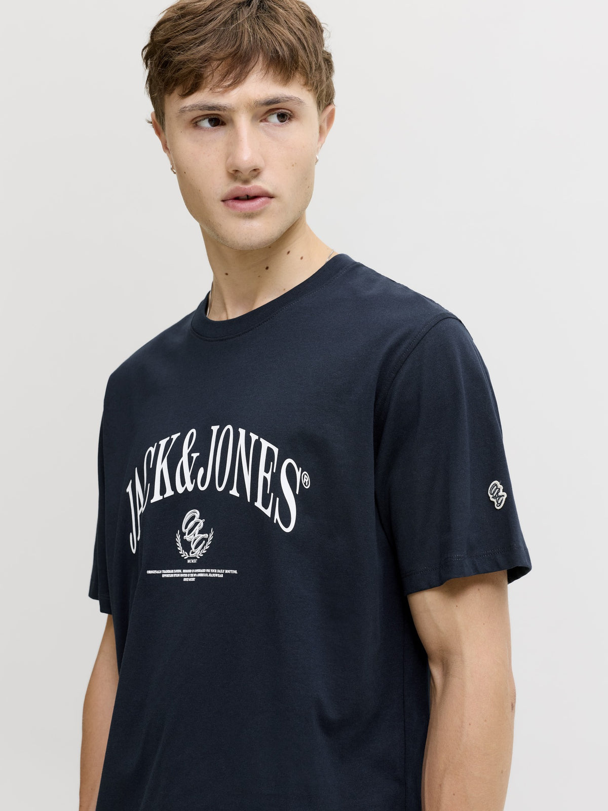 JACK & JONES Frederiksberg Bold Branding Crew Neck Tee in Sky Captain angled view on model