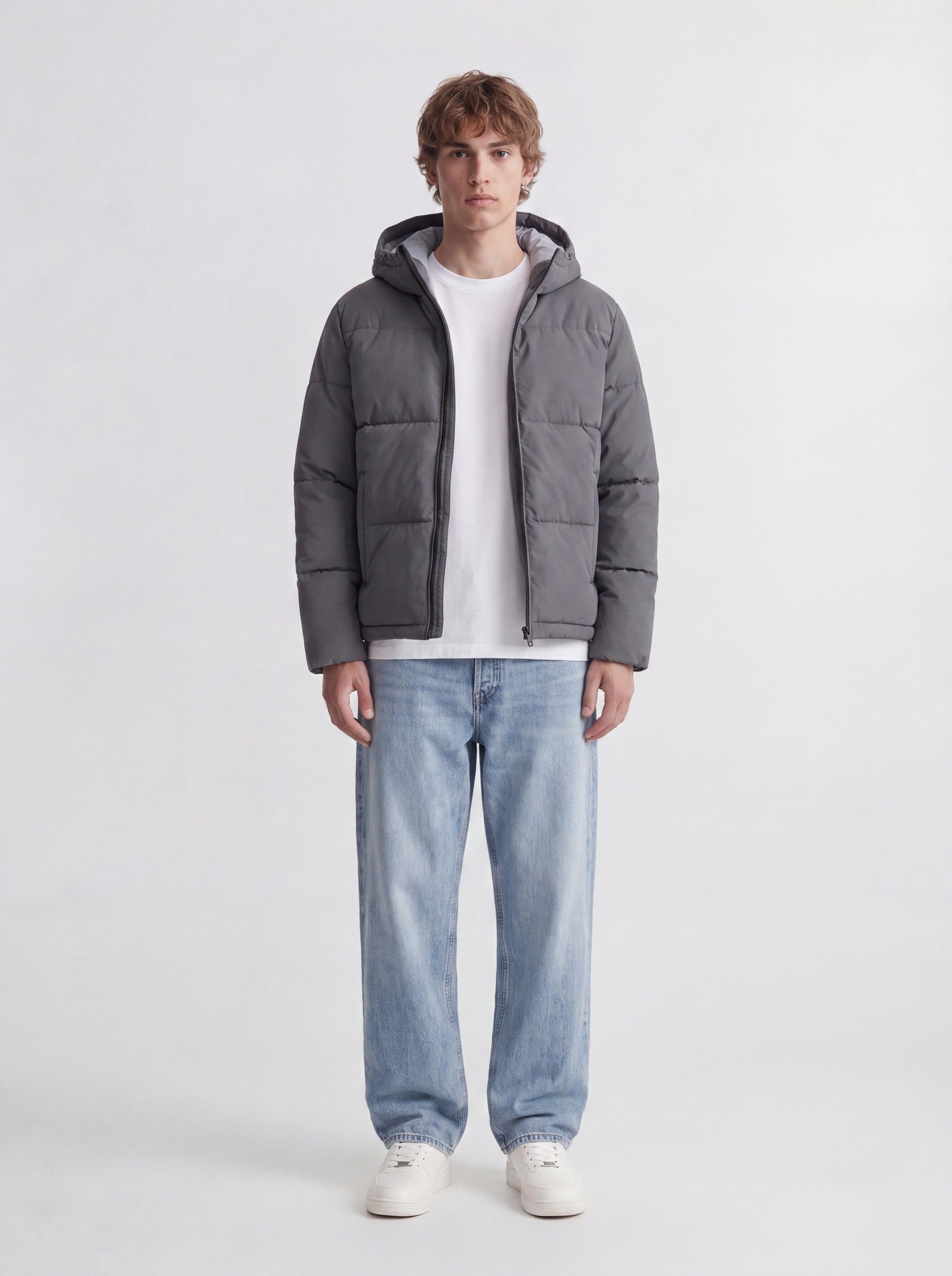 JACK & JONES Galaxy Puffer Jacket in Asphalt angled view on model