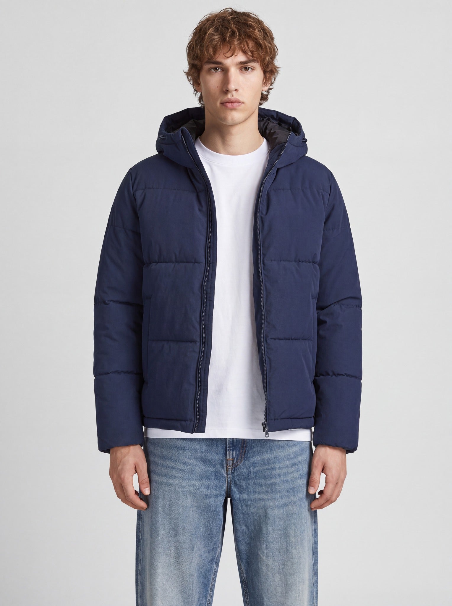 JACK & JONES Galaxy Puffer Jacket in Sky Captain on model