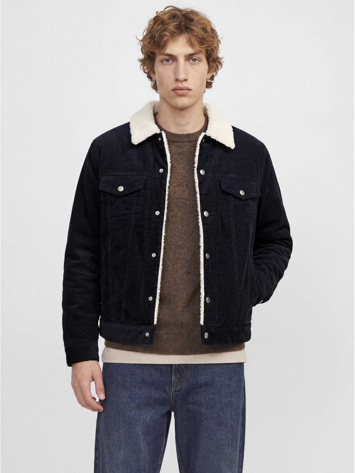 JACK & JONES Connor Corduroy Trucker Jacket in Dark Navy on model