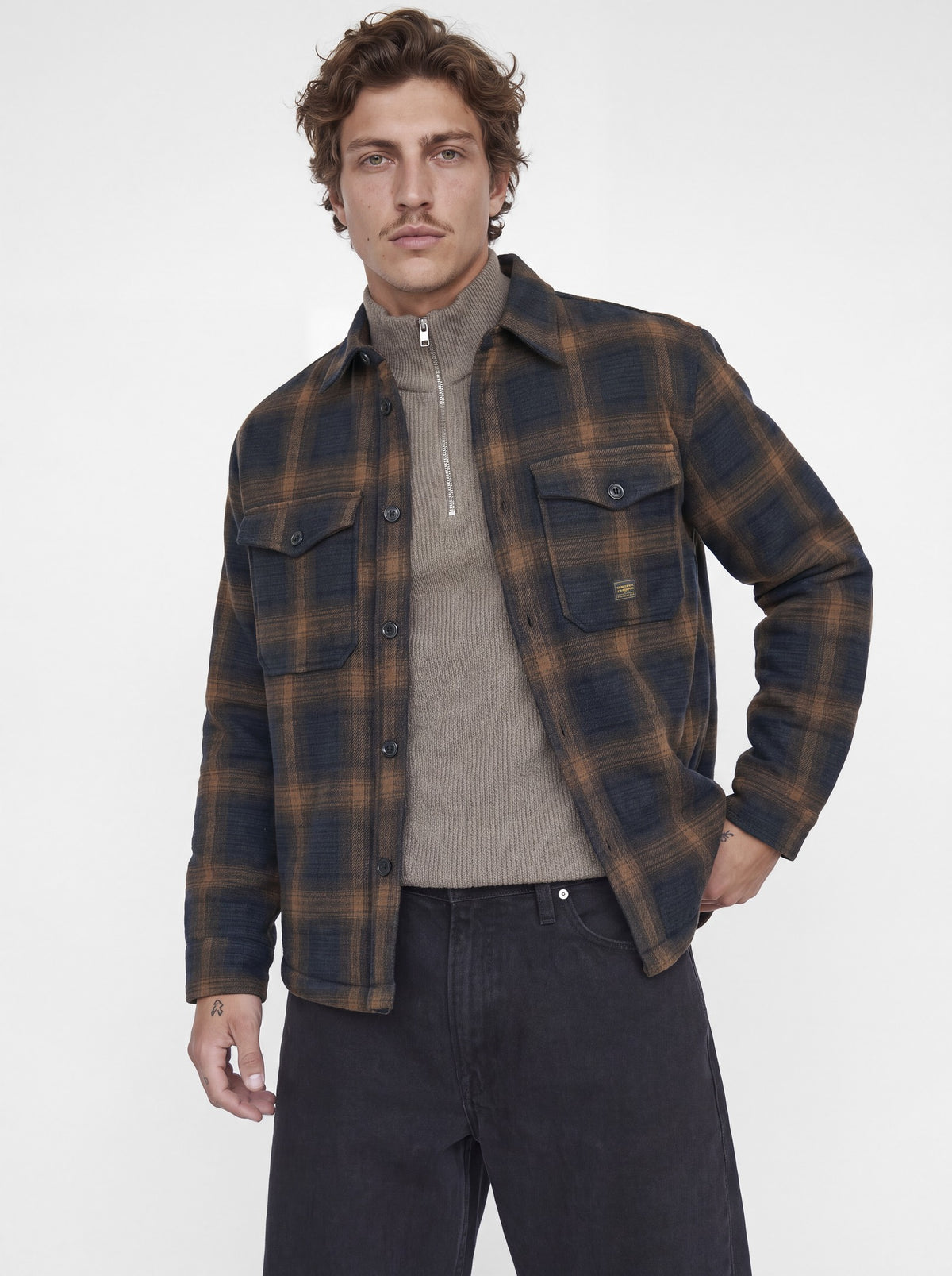Jack & Jones Fade Jacket in Dark Navy Check on model (image 2)