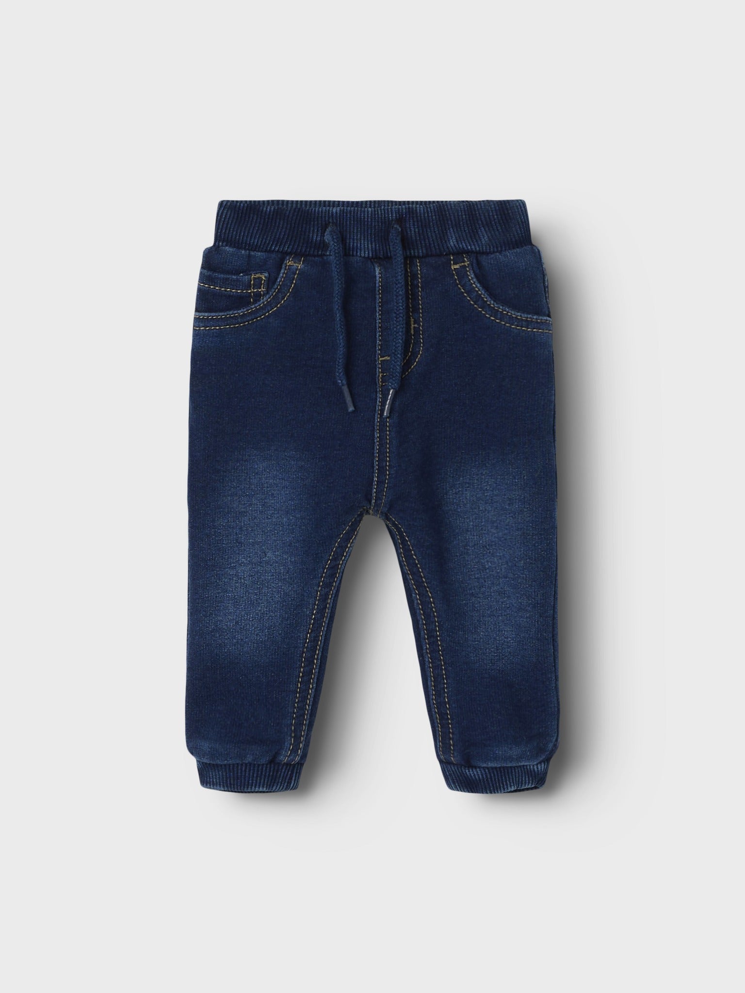 NAME IT Ben Round Sweat Jeans in Dark Blue Denim angled view