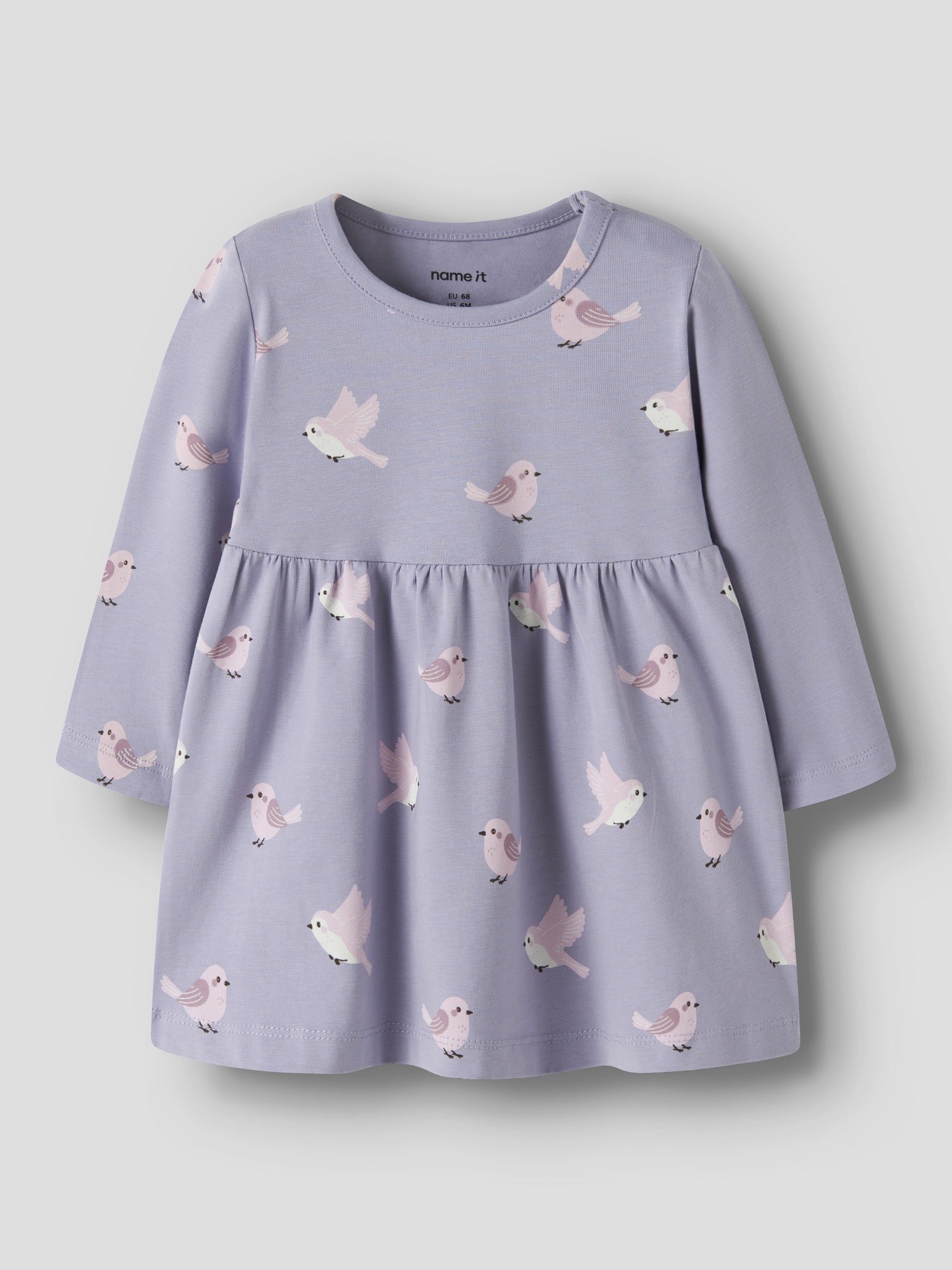 NAME IT Vandora Long Sleeve Dress in Heirloom Lilac Birds angled view