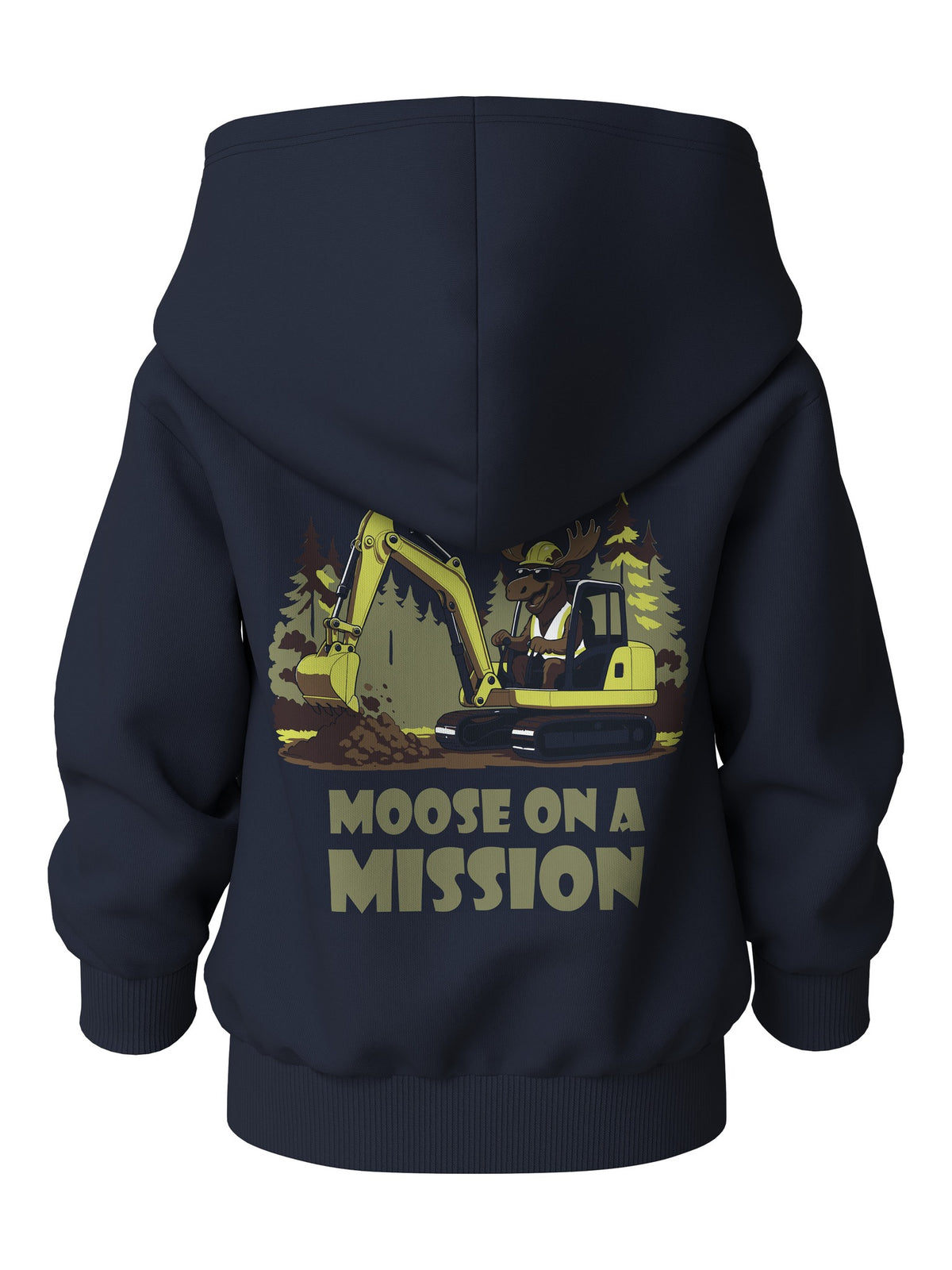 Back view of NAME IT Voltinus boys' zip-up hoodie in Navy Blazer Moose Excavator with large back print